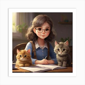 Kawaii Girl With Cats Art Print