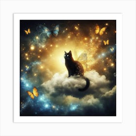 Black Cat On Cloud With Butterflies Art Print