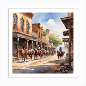 Western Town In Texas With Horses No People Watercolor Trending On Artstation Sharp Focus Studi Art Print