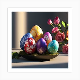 Nest of Easter Eggs with Pink Roses Art Print