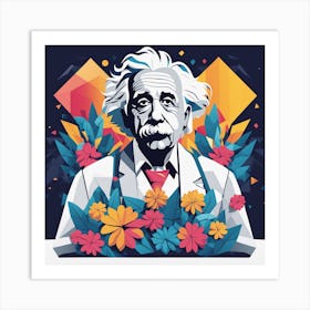 Einstein Portrait Low Poly Floral (3) Art Print