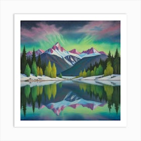 Aurora Over Snow Capped Peaks A Tranquil Mountain Reflection (1) Art Print