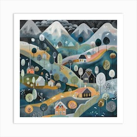 Winter Village and Mountains, Naïve Folk Art Print