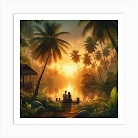 Couple Sitting On The Dock At Sunset Art Print