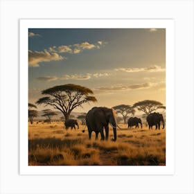 A Sunlit Savanna With Acacia Trees, Golden Grasslands, And A Herd Of Elephants 2 Art Print