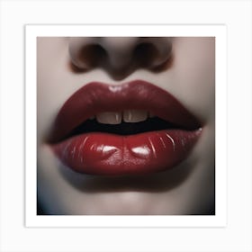 A Close Up Of A Vampire S Pale, Blood Stained Lips With Sharp Fangs, Bathed In Eerie Candlelight Art Print