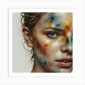 Portrait Of A Young Woman With Watercolor Paint Art Print