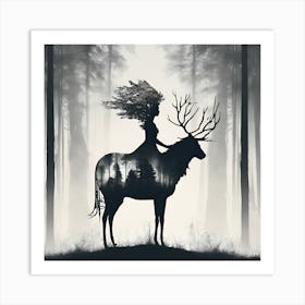 Silhouette Of A Woman Riding A Deer Art Print