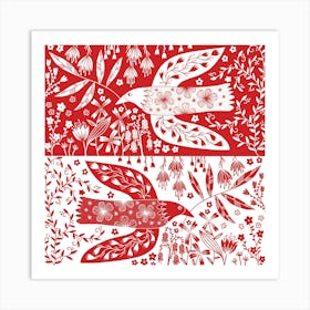 Peace Doves And Flowers Red Art Print