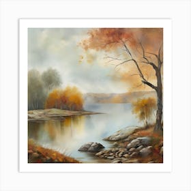 Autumn Lake,Forest Lake, Vintage Oil Painting, Farmhouse Wall Decorations, Antique Landscape, Vintage Landscape Oil Painting.5 4 Art Print