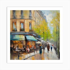 Paris Cafes Paris city, pedestrians, cafes, oil paints, spring colors. Art Print