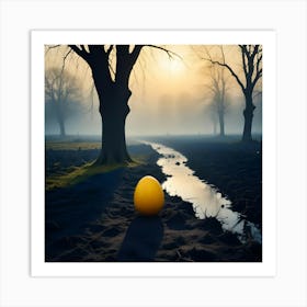 A Golden Easter Egg Resting On The Edge Of A Stream In A Misty Forest, Illuminated By The Rising Sun Art Print