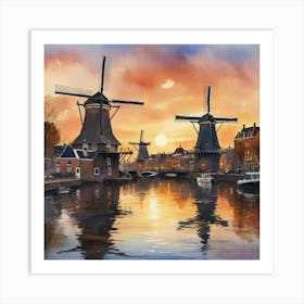 Sketching Amsterdam S Windmills At Sunset, Capturing The Essence Of Dutch Life Style Windmill Sunset Impressionism Art Print Art Print