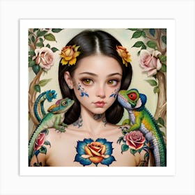 Tattooed Girl With Lizards Art Print