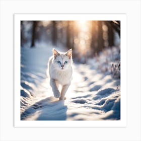 White Cat In The Snow Art Print