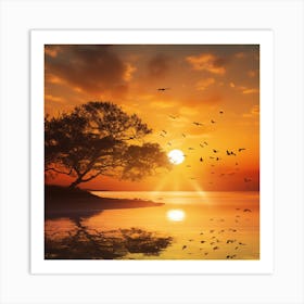 Sunset With Birds Art Print