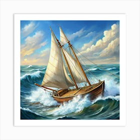 Wooden Sailing Ship On Rough Waves Art Print