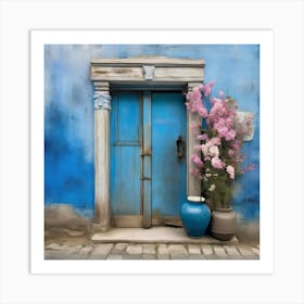 Blue wall. An old-style door in the middle, silver in color. There is a large pottery jar next to the door. There are flowers in the jar Spring oil colors. Wall painting.2 Art Print