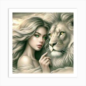 A beautiful woman and lion Art Print