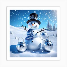 Christmas Snowman With Silver Bucket On His Head Art Print