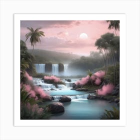 Waterfall In The Jungle Pastel Landscape Art Print