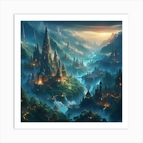 An Intricate High Fantasy Digital Art Piece, Focusing On A Sprawling Elven City Nestled In An Ancient Forest, Bathed In The Ethereal Twilight Glow 2 Art Print