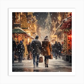 Christmas Couple Walking In The Snow Art Print