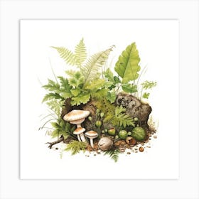 On the forest floor - mushroom art print - mushroom botanical print Art Print