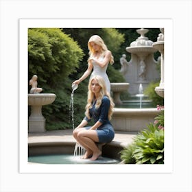 99 Garden Three Kneeling Blonde Woman In Casual Pose At The Feet Of A Statuette Of A Fountain Spouting Art Print