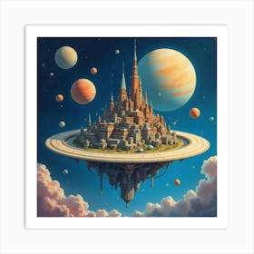 A Watercolor Alien City Built On A Planet Ring Surrounded By Stars And Moons 1 Art Print