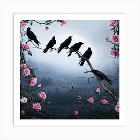 Atmospheric Digital Painting Of Seven Black Crows Perched On Intertwined Thorny Branches Surrounde Art Print