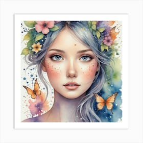 Watercolor Girl With Butterflies Art Print