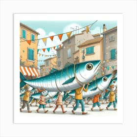 A Whimsical Sardine Parade Through A Mediterranean Village, Style Cartoon Illustration 1 Art Print