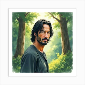 Watercolor Painting Of Keanu Reeves In A Tranquil Forest With Soft Light Art Print