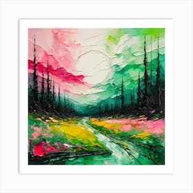 Landscape Abstract Pink Green Painting Art Print