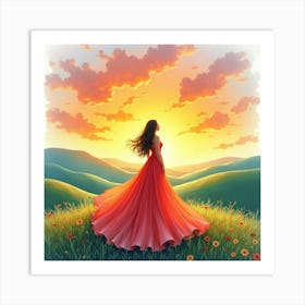 Radiant Dress Watercolor, With A Bright Sunset Over The Hills 1 Art Print