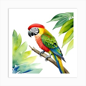 Watercolor Parrot On A Branch Art Print