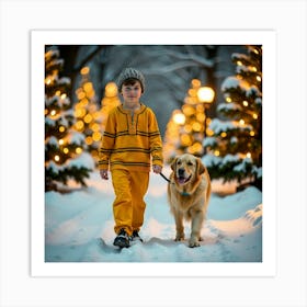 Boy With Dog In The Snow Art Print