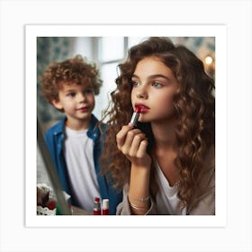 Young Girl And Boy Applying Lipstick Art Print