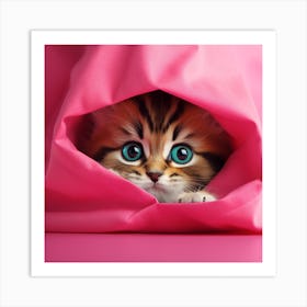 Cute Kitten Peeking Out Of A Pink Blanket Art Print