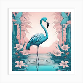 Blue Flamingo And Pink Lillies Art Print