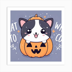 Cute Cat wearing a pumpkin hat kawaii cartoon anime Art Print