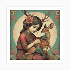 Girl With A Deer Art Print