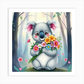 A Koala Holding A Bouquet Of Rainbow Colored Flowers, In A Dreamy Watercolor Forest Art Print