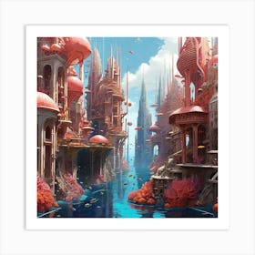 Vibrant digital art of a bustling underwater city, coral architecture Art Print