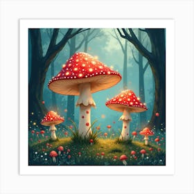 Whimsical Watercolor Glade With Glowing Mushrooms 1 Art Print