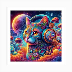 Cat With Headphones Art Print