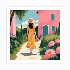 Girl Walking In The Garden Art Print