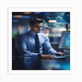 Businessman In Front Of Computer Screen Art Print