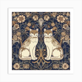 William Morris Classic  Inspired  Cats Blue And Brown Square Art Print